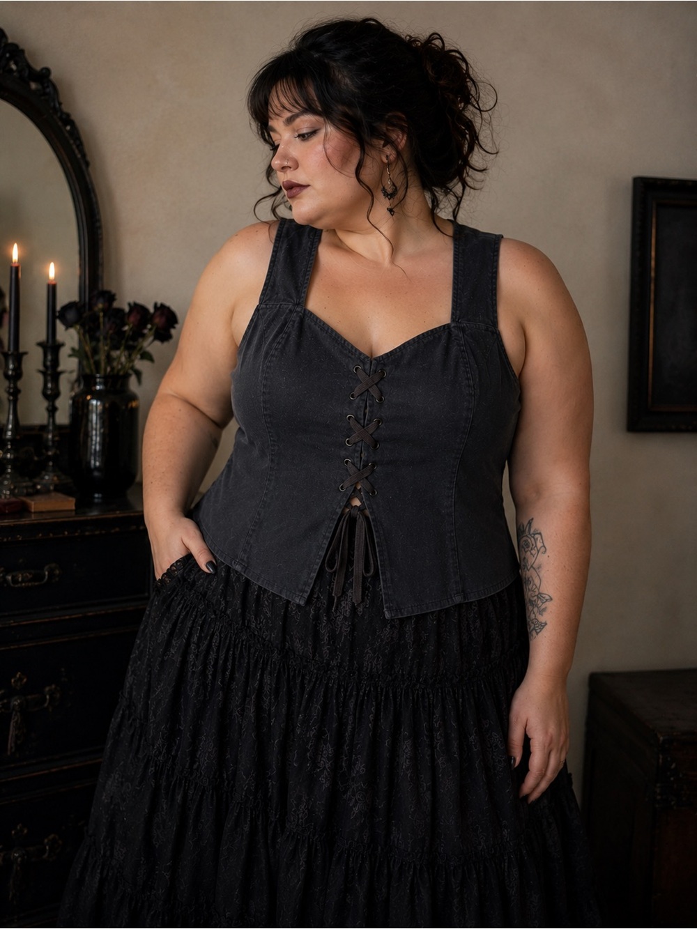 Black Lace Up Corset Vest Whimsigoth Fairy Grunge Boho Top Festi by Torrid Plus